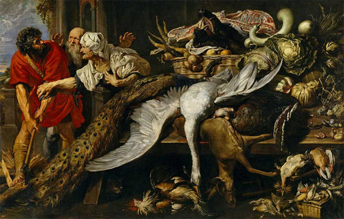 Filipómenes descubierto1609-10.Óleo sobre lienzo.201x311cm.Museo del Prado.Es la respuesta de Rubens al emergente género del bodegón o naturaleza muerta,colaboración de Snyders.Espectacular escena del General griego(253AC)modestamente vestido en cocina.