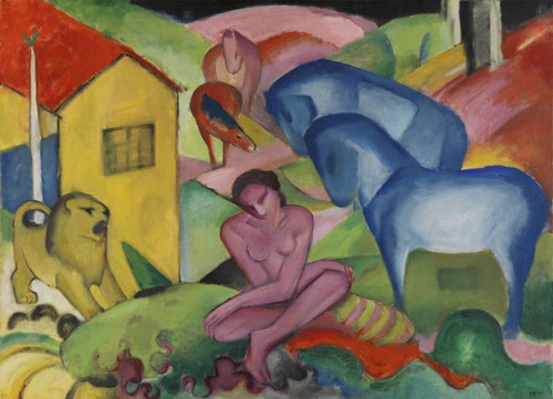 El sueño de Franz Marc o el deseo de presentar la naturaleza en su estado mas primitivo a través de la ensoñación. La figura femenina dsnuda rodeada de animales simboliza la armonía entre el hombre y naturaleza.