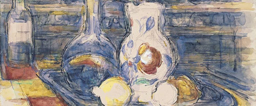 Botella,garrafa,jarro y limones-1902.Acuarela sobre papel.Museo Thyssen. Todo un grupo familiar los bodegones de Cézanne junto a manzanas y utensilios anónimos,dotados de un singular carácter individual.