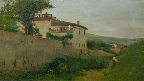 Silvestro Lega.La Quinta Batelli a orillas del Affricco. Óleo sobre tabla.43x79cm. Instituto Matteuci, Viareggio