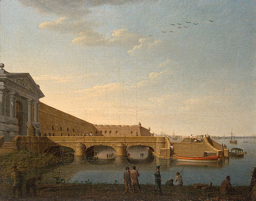 Benjamin Patersson, 1797. Puerta del Neva de la fortaleza de Pedro y Pablo y embarcadero del Comandante. Símbolo de la ciudad y principal referente arquitectónico para pintores y acuarelistas.