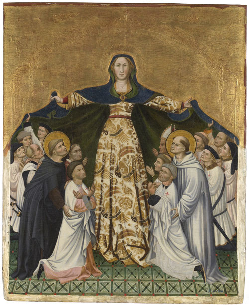 Antoni Peris.Nuestra Señaora de Gracia y los grandes maestros de Montesa,1412.Temple y pan de oro sobre tabla.128x105cm.Museo Nacional del Prado, donado por el marqués de Laurencín.La técnica del esgrafiado para imitar la textura de los paños de seda.
