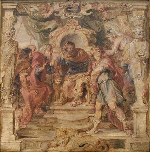 Boceto del Boijmans Museum. La ira de Aquiles 1635.Aquiles monta en cólera porque Agamenón ha tomado a Briseida de concubina.Minerva agarra a Aquiles de la rubia cabellera para calmarle.