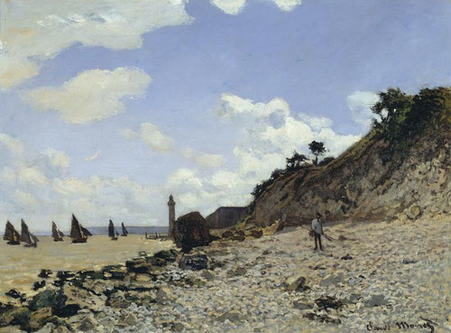 Claude Monet.La playa de Honfleur 1864-66-Óleo sobre lienzo.59x81cm.Los Ángeles County Museum of Art,Los Ángeles. Ensayó marinas sencillas y luminosas en diagonal con gran éxito con el cielo a base de pasteles.