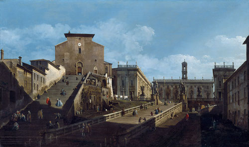 Bernardo Bellotto.Santa María d´Aracoeli y el Capitolio en Roma. 1743.Petworth House, The Egremont Collection. Fue su tio Canaletto el que le aconsejó el viaje a Roma para mejorar su propio estilo.Encuadre complejo e interesante,la escalinata, increíble!i