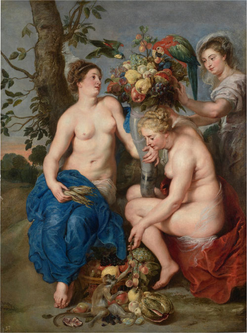 Pedro Pablo Rubens (taller) y Frans Snyders. Tres ninfas con el cuerno de la abundancia.Óleo sobre lienzo.207x153cm.Colección privada.