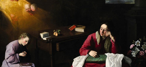 La casa de Nazaret.Francisco Zurbarán.1644.Esta iconografía original de Jesus adolescente, se pincha un dedo mientras trenza la guirnalda de zarza, rompe el presagio de María y derrama una lágrima.Existen varias copias de esta iconografia,escena íntima. 