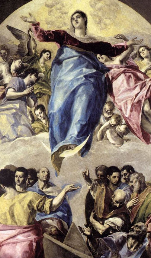 La Asunción de la Virgen del Greco, 1577.Óleo sobre lienzo.403x211cm. Chicago,The Art Institute.Los doce apóstoles en primer término colosales, composición claramente dividida en dos partes, nobleza y grandiosidad, hermosos ropajes y fuerza imponderable.