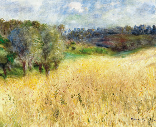 Campo d trigo 1879. Óleo sobre lienzo.50x61cm.Colección Carmen Thyssen. Nace de la observación directa de la naturaleza, buscando la solidez absoluta y el dominio del paisaje.Representa un trigal en los alrededores de Wargemont, Normandía.