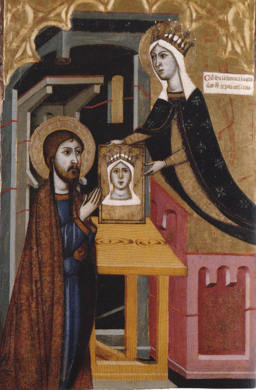 Llorens Saragossá.San Lucas recibiendo de la Virgen su vera effigies o Verónica.1375-1400.Temple y pan de oro sobre tala.Museo Bellas Artes de Valencia.Pertenece al retablo de S.Lucas,la Virgen se le aparece al evangelista y le entrega su propia imagen.