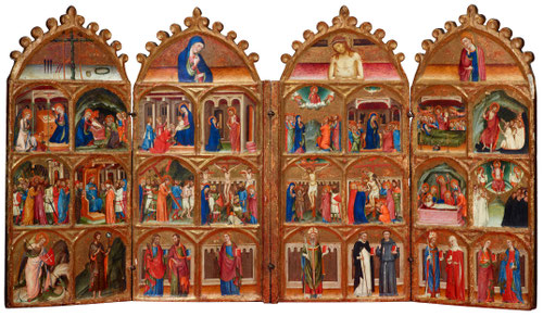Ferrer Bassa.Escenas de la vida de Cristo, de la Virgen y santos. Políptico Morgan 1340-45. Temple, pan d oro sobre tabla 57x105.Nueva York,Morgan Library.Cuatro tablas con interesante cierre,ausencia de una escena central lo convierte en obra devocional.