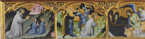 Starnina.Predela del retablo de Bonifacio Ferrer.Bonifacio Ferrer y sus hijos.Lapidación de San Esteban,Cristo en el Sepulcro.Museo de Bellas Artes de Valencia.1396. El comitente Bonifacio Ferrer entra en el convento tras la muerte de su mujer Jaumeta.