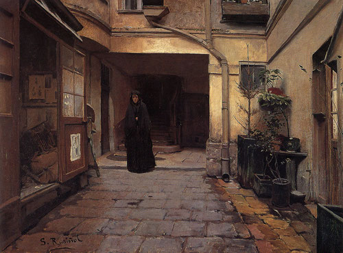 Santiago Rusiñol. La casa de préstamos. 1889. De riguroso luto una mujer lúgubre camina en el centro de la composición transmitiendo abatimiento y desolación. Es la realidad social de la pobreza y la indefensión.