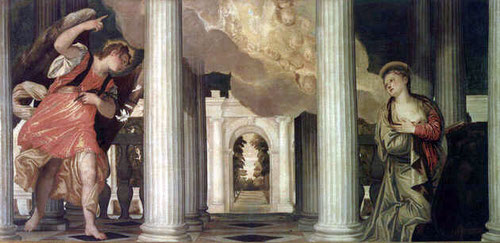 Paolo Veronese. La Anunciación. 1555-56. Óleo sobre lienzo. 143x291cm. Florencia. Gallerie degli Uffizi. La importancia óptica para una correcta perspectiva cónica para representar de forma fidedigna el espacio bidimensional.