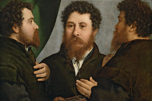 Triple retrato d platero ¿Bartolomeo Carpan? 1530.Óleo 52x79cm.Viena Kunsthistiriches.Llama poderosamente la atención por su inusual representación desde tres puntos de vista,frente, tres cuartos y riguroso perfil,con ayuda de un espejo.