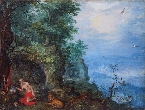 Jan Brueghel el Viejo.San Jerónimo en la Naturaleza.1597-1600.Óleo sobre cobre.11x14cm.Colección privada en España.