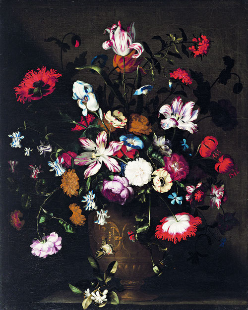 Jan Pieter Brueghel, Naturaleza muerta de flores.1661.Óleo sobre lienzo.97x78cm.Colección privada, Gante. El entusiasmo popular por las nuevas semillas llegadas de América y Oriente  asi como atribuir simbólicamente significados metafóricos de opulencia.