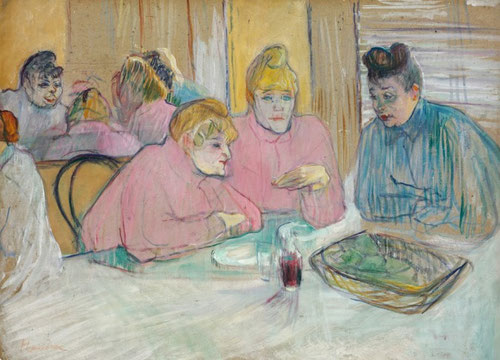 Esas damas en el comedor, de toulouse Lautrec en la que el pintor experimenta con un complicado juego de espejos, tres de ellas charlan de frente a nosotros, otra se refleja.