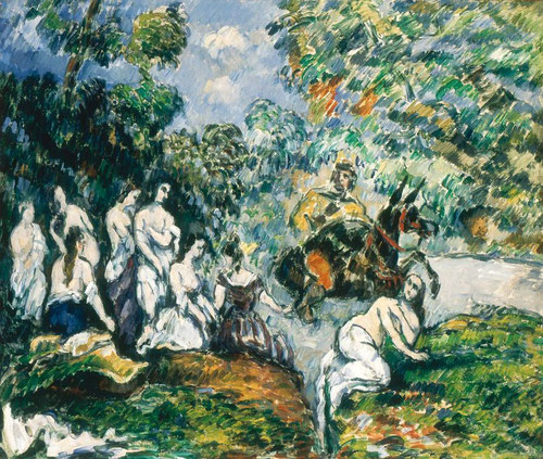Paul Cézanne. Escena de la legendaria.1878. Explora diferentes relaciones entre las figuras y el paisaje en la unidad de la composición, presentando un cierto anacronismo en la temática.