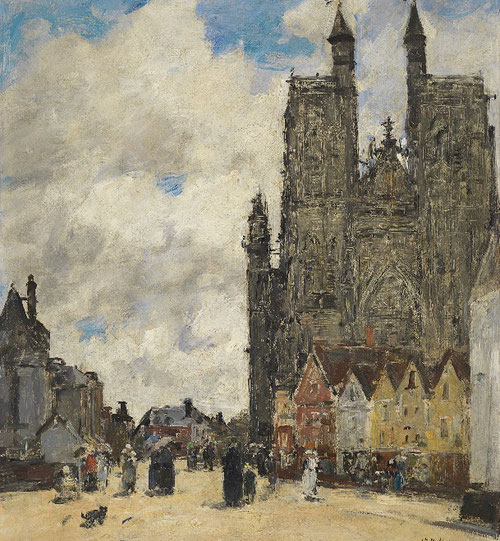 Eugène Boudin.La plaza de la iglesia de Saint-Vulfran en Abbeville 1884.Óleo sobre tabla.44x37ccm.Museo Thyssen Madrid. Motivos bajo luces cambiantes,ordenada geometría de  de la fachada gótica en contraluz.