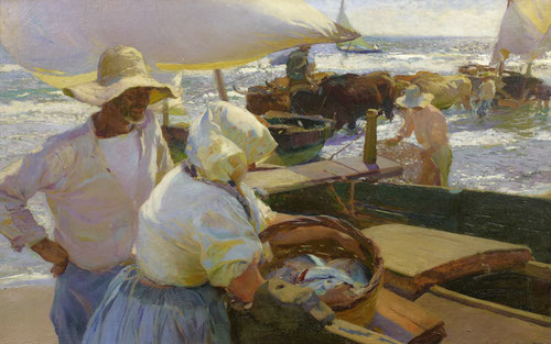 El luminismo de Sorolla representado a la perfección en esta playa de Valencia en el sol de la mañana, una propuesta estética resultado de la fotografía que capta un instante de luz y color.