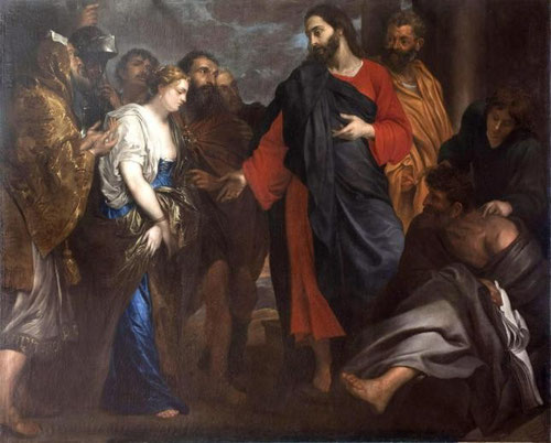 Cristo y la mujer adúltera.Anton van Dyck.Hacia 1620-22.Colección BBVA-La escena tomada del evangelio de san Juan 8,1-11.En una encerrona ante los escribas le cuestionan sus enseñanzas pues la ley castigaba  el adulterio, él escribe con su dedo.