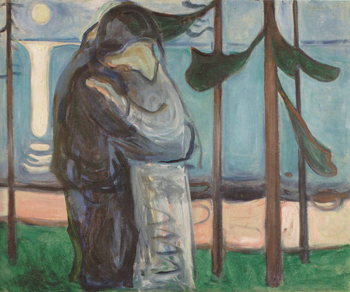 Beso en la orilla junto a la luz de la luna 1914."Dos formas humanas cuyos rostros se han fundido en uno solo" Munch