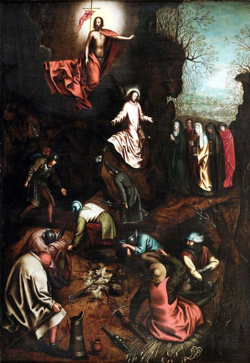 Pieter Brueghel el Viejo y su taller.La Resurrección.Hacia 1563.Óleo sobre tabla.107x73cm. El patriarca de la familia despues de viajar por Italia realizó la mayor parte de sus obras algunas italianizantes, que muestra la soberanía de Cristo.