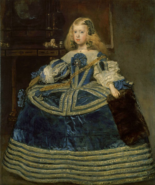 La infanta Margarita en traje azul,Velázquez,1659.Kunsthistorisches Museum Viena. Predomina el azul en sus diferentes texturas, un color nada utilizado por Velázquez "Majestad y hermosura original" un gran guardainfante, enmarca la pared del fondo.