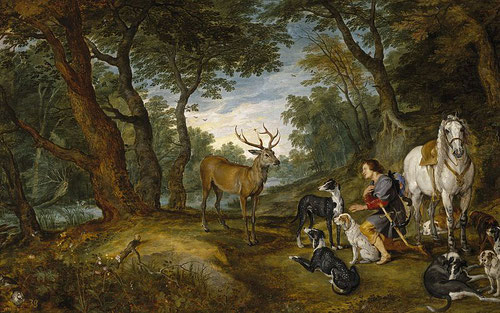 Jan Brueghel el Joven.La visión de San Huberto.1630.Óleo sobre lienzo.66x92cm.Colección privada.Sus obras transmiten una habilidad técnica y una perfección casi tangible.