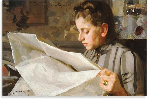 Emma Zorn leyendo, 1887. Óleo sobre lienzo.40x60cm. Mora Zornmuseet. La luz incide sobre el perfil de la lectora asi como en los anillos de su mano izquierda.
