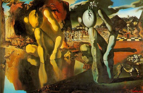 Dalí,Metamorfosis de Narciso,1937.Freud identifica el narcisismo como estado crítico de la personalidad,fuente de esquizofrenia,da paso a una mano suerando la neurosis,que Dalí relaciona con el pan eucaríatico (el huevo) -Conferencia de Sorbona en 1955-