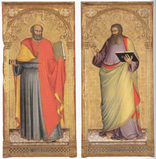 Gherard Starnina. San Simón Apóstol y San Mateo Apóstol 1388-93.Temple y pan de oro sobre tabla.188x88cm.Toledo,Cabildo Primado de la Catedral. Iconografía característica de los dos apóstoles, el uso de oro a mordiente y filas de punzones circulares.