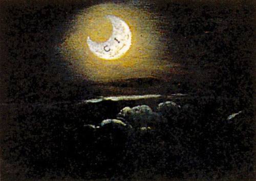 Detalle del paisaje oscuro a la izquierda de Lucina Brembati, donde aparece la luna creciente con la inscripción "CI", formando un criptograma LUCINA 