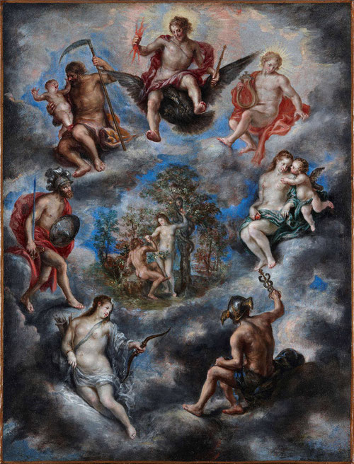 Adán y Eva y alegoría de los planetas.Francisco Camilo,1641.Cielo intenso donde Adan y Eva comparten Paraiso con los dioses de la mitología clásica,simboliza la alegoria del sistema planetario de Ptolomeo, dispuestos en órbita en torno a la tierra,.