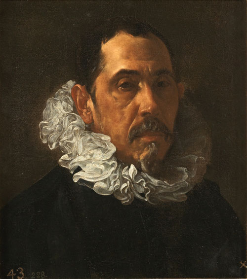 Diego Velázquez.Francisco Pacheco 1620.Óleo sobre lienzo 41x36cm.Museo del Prado Madrid. Juego magistral de la luz sobre el ropaje negro y cuello de lechuguina, según escribió Cervantes en el Quijote "Peregrinas invenciones" del vestir de su época.