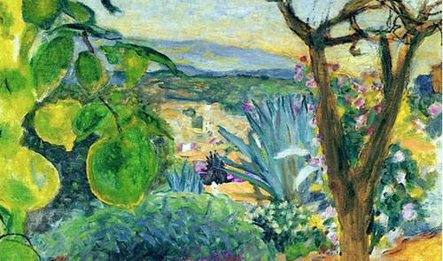 Pierre Bonnard.Le Cannet 1930.Óleo sobre lienzo,64x82.Fondation Bemberg.Toulouse.El color vibrante de la finca que adquirió como último refugio,un hechizo de paisaje de incandescentes colores vibrantes donde el color prevalece a la línea.