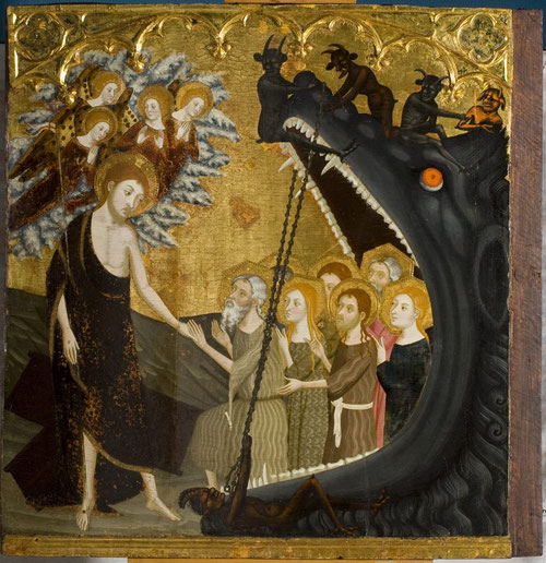 Forma parte del Retablo de la Resurreción del Monasterio de las Canonesas del Santo Sepulcro en Zaragoza, hacia 1381.Descenso a los infiernos,temple y pan de oro sobre tabla.116x115cm.Museo de Zaragoza.Cristo resucitado libera a grupo de patriarcas del AT