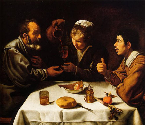 Velázquez.El almuerzo.1618. Típico bodegón de la etapa sevillana,los personajes parecen sacados de una novela de Cervantes.El joven de la derecha explica algo con el movimiento del pulgar.Los objetos sobre la mesa pintados con destreza técnica y tangibles