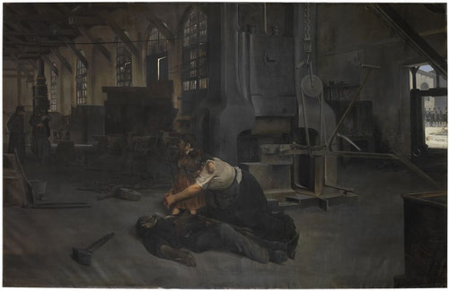 José Uría. Después de una huelga.1895. La protesta vigilada por la Guardia Civil, no tuvo éxito.La llegada del ferrocarril a Valladolid en 1860 desarrolló la industria metalúrgica.Dos diagonales se cruzan,  en el centro, la tragedia.