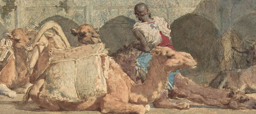 Camellos en reposo,1865.lápiz y acuarela sobre papel,20x37cm.Metropolitan Museum of Art,Nueva York. Encuadra un patio interior donde unos camellos desprovistos de su carga descansan.