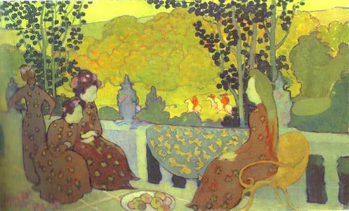 Maurice Denis, Septembre.1891.Óleo sobre lienzo.38x61cm. Meditaciones silenciosas, mujeres sumidas en armonía de colores con clara influencia japonesa...esta es la moderna sensibilidad cotidiana impresionista...manchas que renuevan la escena