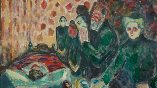 Agonía 1915.Los gruesos empastes simboliza la materialidad de la carne.Técnica abocetada de grandes y expresivas manchas de color,Munch representa la experiencia de la muerte,metáfora del último aliento de vida,los rostros-máscaras  velan el cadáver .