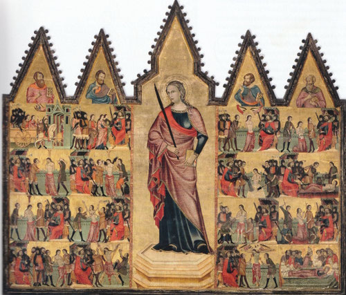 Joan Loert. Maestro de los privilegios. Retablo de Santa Eulalia.1330-40.Temple y pan de oro sobre tabla.321x309cm.Catedral de Mallorca.La elegante curvatura y el canon alargado marca el diseño de esta composición femenina, coloración sombreada y pedestal