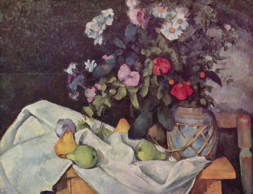 Paul Cézanne, Naturaleza muerta con flores y frutas.1890.Óleo sobre lienzo.66x81cm.Staatliche Museum zu Berlin,Nationalgalerie..Tensión entre el ramo de flores que domina en altura y el mantel que proyecta la orografia de la montaña Sainte Victoire.