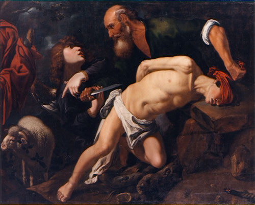 El sacrificio de Isaac,Pedro de Orrente,1616.Dios prueba a Abraham pidiédole que le ofrezca en sacrificio a su unigénito Isaac Gn 22, Abraham dispone el altar pero el ángel irrumpe y detiene la acción,naturalismo narrativo en una escena original. Bilbao.