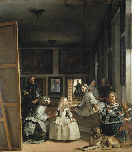 Las Meninas es la pintura más conocida del Prado, sin duda la que resume la maestría de Velazquez.La infanta aparece flanqueada por sus dos doncellas,Isabel de Velasco y A Sarmiento, a la izquierda la enana Maribárbola y un mastín con el bufón Nicolasito