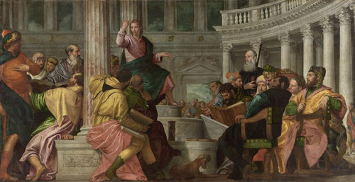 Paolo Veronese. Disputa de Cristo con los doctores en el Templo. Déceda de 1550. Óleo sobre lienzo. 223x434cm. Madrid, Museo Nacional del Prado