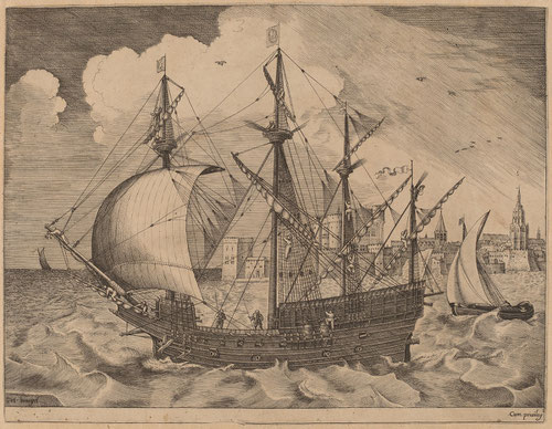 Pieter Brueghel el Viejo y Frans Huys,1561.Buque de cuatro mástiles armado dejando atrás el Puerto.Aguafuerte y grabado,tinta sobre papel,22x27cm.Colección privada.