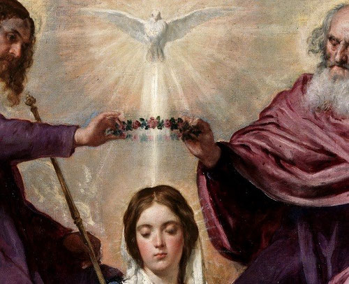 Detalle de la Coronación de la Virgen, 1641.Destinado para el oratorio de la reina Isabel de Borbón, esposa de Felipe IV, en el Alcázar,reproduce composición de Rubens.Gran equilibrio y serenidad.